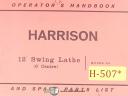 Harrison-Harrison Operators Instruction Parts Lists 12 Inch Swing Lathe Manual-12 Inch-12\"-L6-05